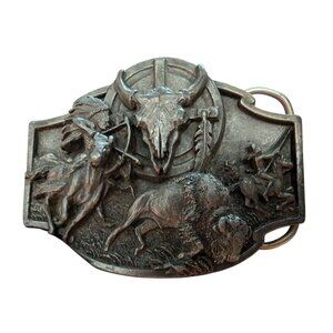 Vintage Siskiyou Western Belt Buckle E-8954 Buffalo Hunting Scene Pewter Made In